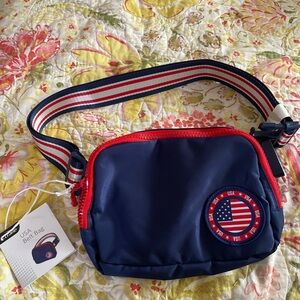 NWT Crane by ALDI USA Belt Bag Two Zip Pockets Adjustable Belt Blue with Red OS